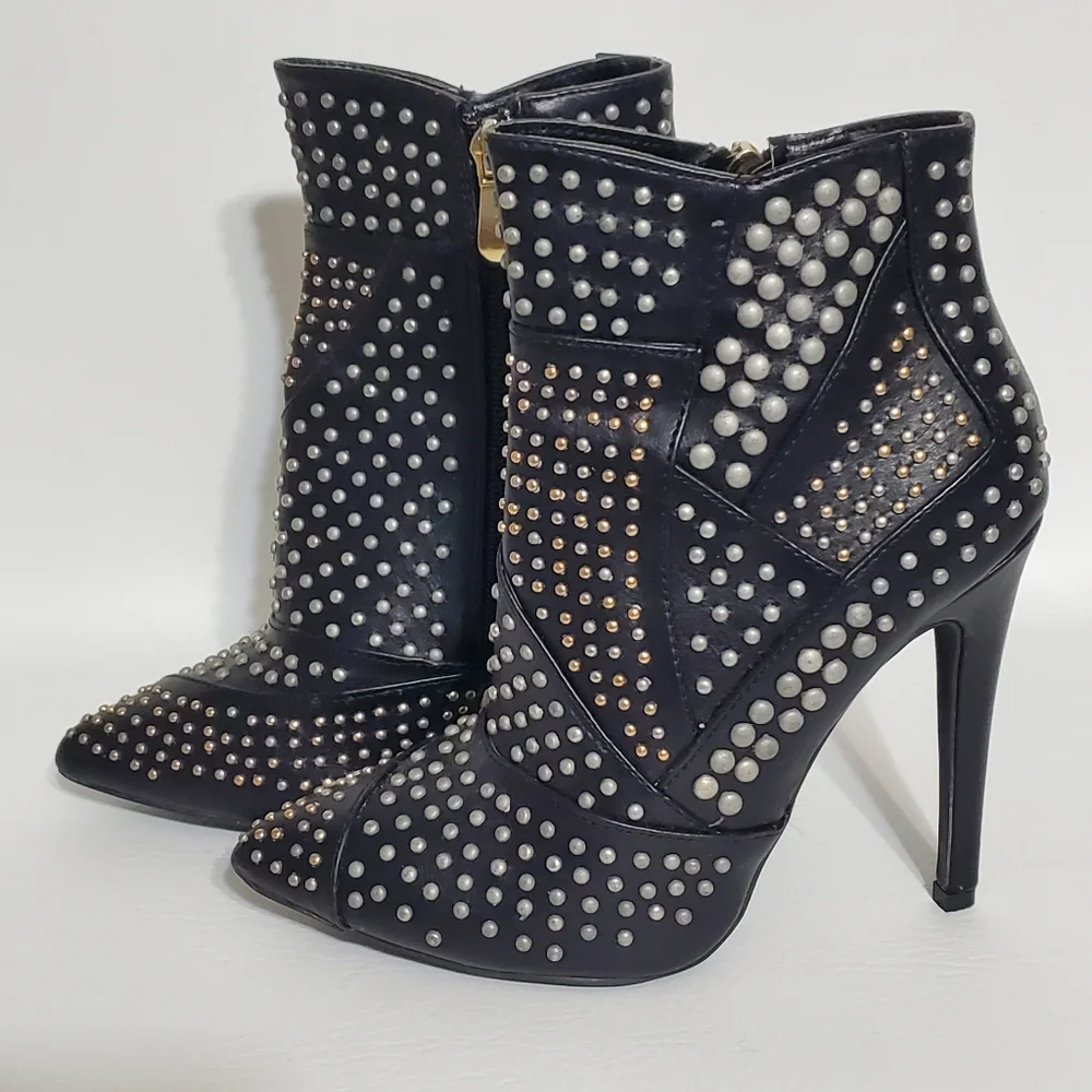Liliana Studded Black and Silver Heeled Boots Women's Size 5.5 - Picture 2 of 8